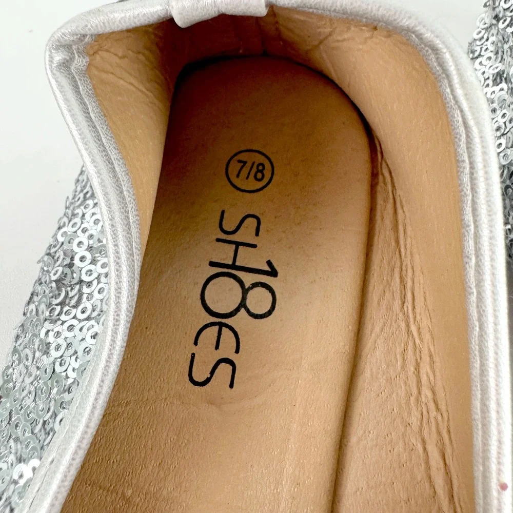 Kids‎ Girls Silver Sequin Ballet Flats Sparkle Bow Party Shoes Size 7/8